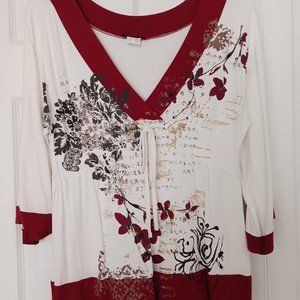 LAST CALL Venus Asian Print Cream & Maroon Tunic Flare Sleeve Top Size S